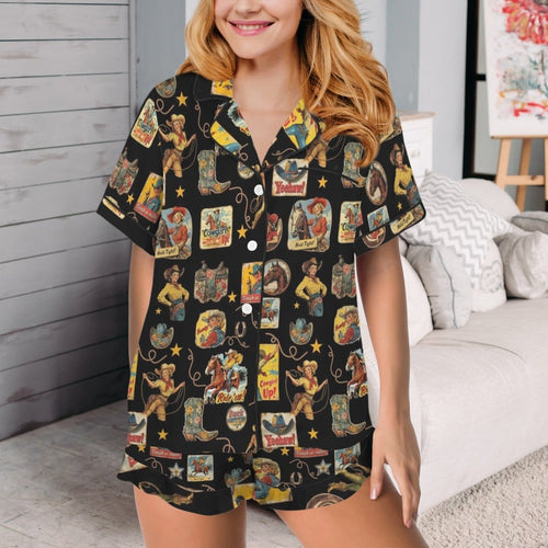 Baha Ranch Vintage Cowgirl Collage Western Ruffle Satin Pajama Set - Qu!rk Boutique