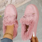 Bow Furry Round Toe Flat Slip-Ons - Qu!rk Boutique