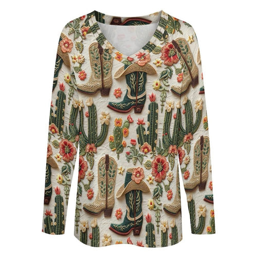 Baha Ranch Western Cactus Print Long Sleeve Top - Qu!rk Boutique