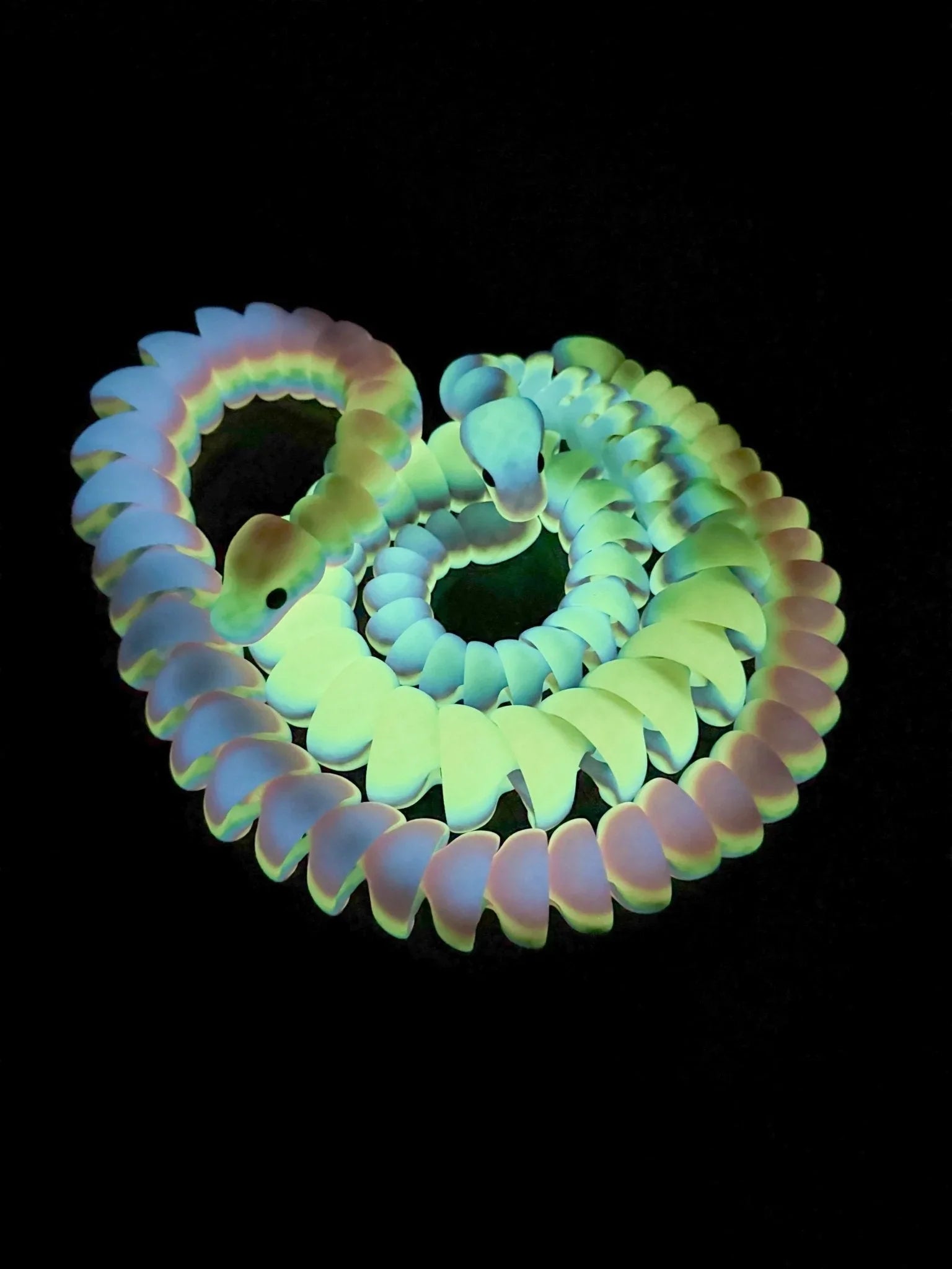 Glow-in-the-dark 3D printed rainbow snake fidget toy on black background