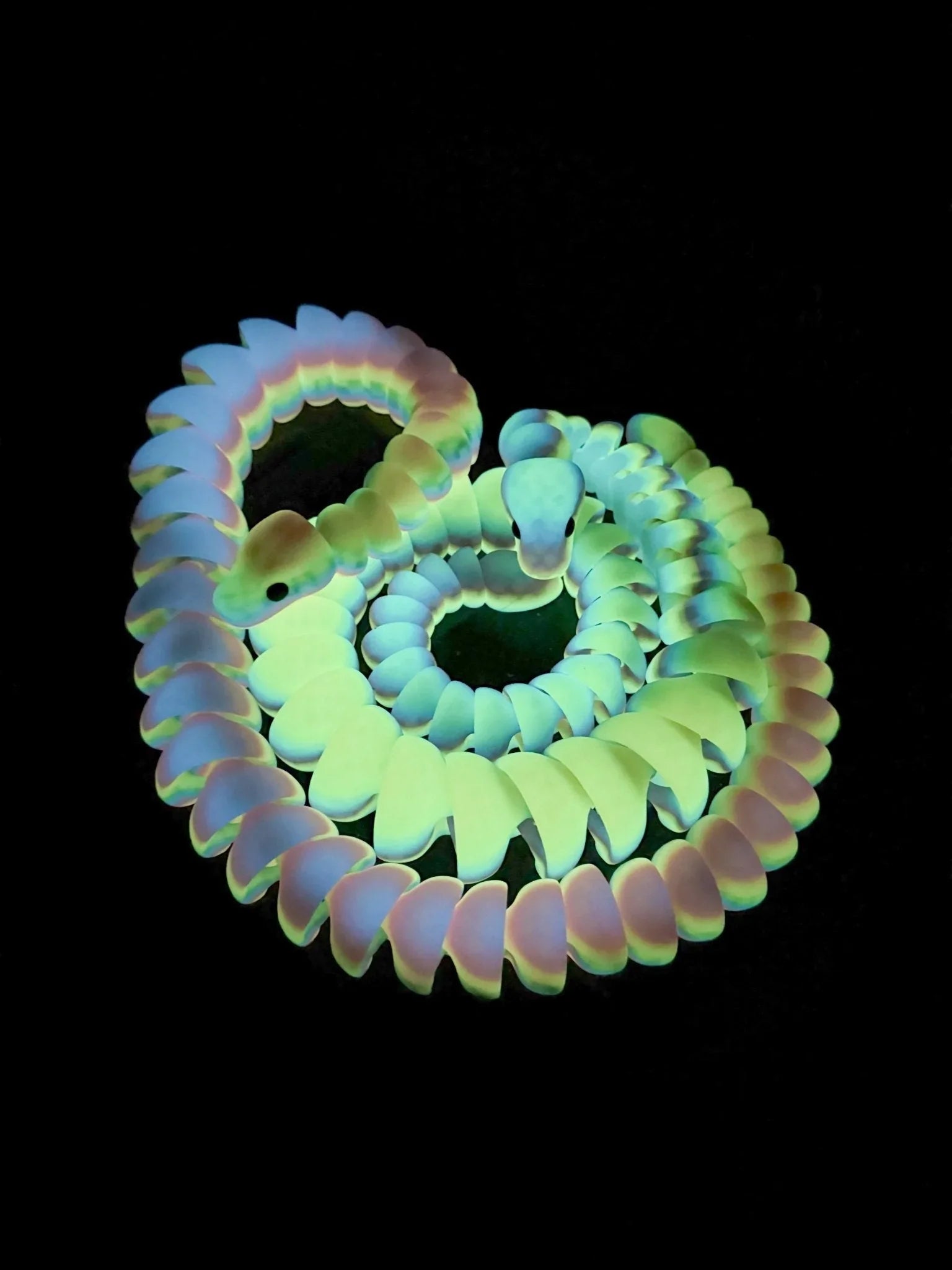 Glow-in-the-dark 3D printed rainbow articulated snake fidget toy on black background