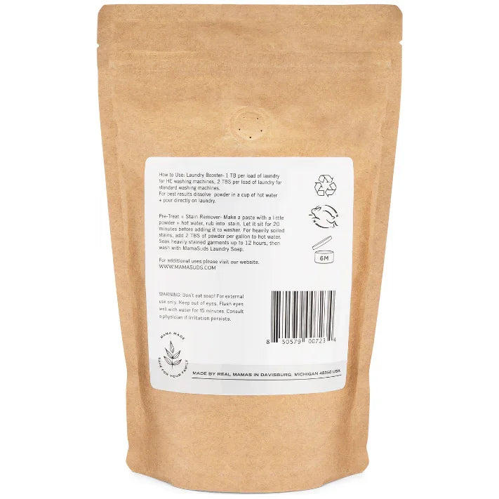 Eco-friendly brown pouch with white label for Mamasuds laundry booster at Qu!rk Boutique