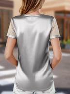 Satin V-Neck Sheer Short Sleeve Top - Qu!rk Boutique