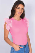 Ruffled Mesh Sleeve Ribbed Knit Slim Fit Top