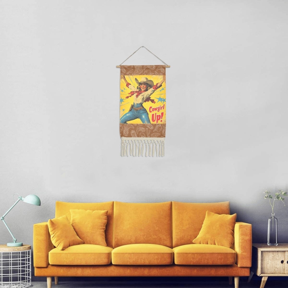 Cowgirl Up Vintage Western Wall Decor Linen Hanging Poster with Fringe Made in America - Qu!rk Boutique