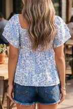 Floral Print Square Neck Ruffled Sleeve Shirred Babydoll Blouse - Qu!rk Boutique