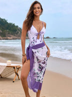 Printed Spaghetti Strap One-Piece Swimwear and Cover Up Swim Set - Qu!rk Boutique