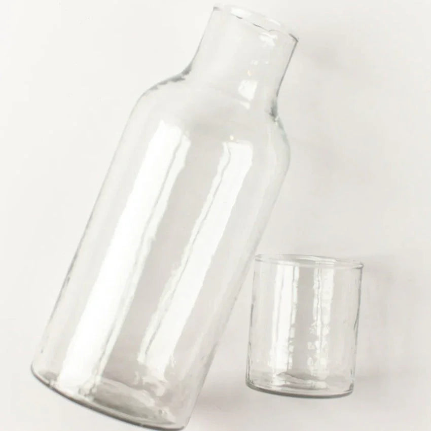 Clear glass carafe and tumbler set on white background, Qu!rk Boutique sustainable giftware
