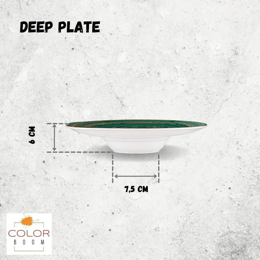 Deep plate with green rim, measuring 6 cm high and 7.5 cm wide, on textured background