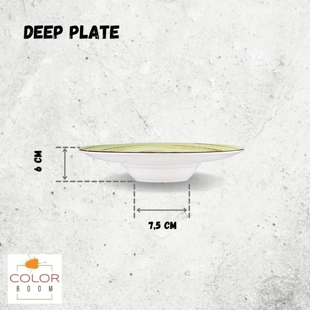 Side view of Color Boom deep plate, 6 cm high and 7.5 cm wide, with pastel rim on concrete background