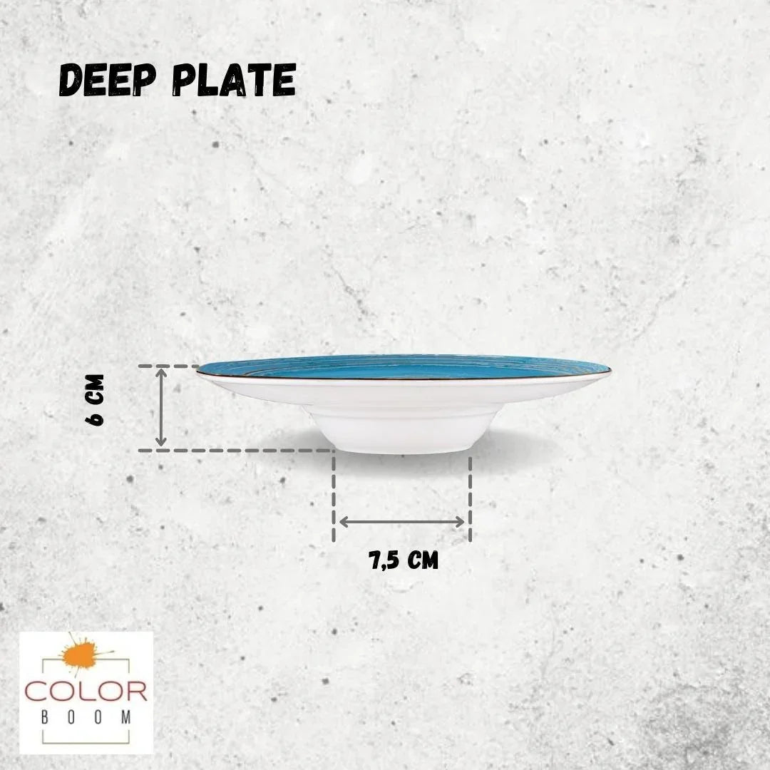 Deep plate with blue rim, 6 cm height, 7.5 cm base, against textured background, Color Boom.
