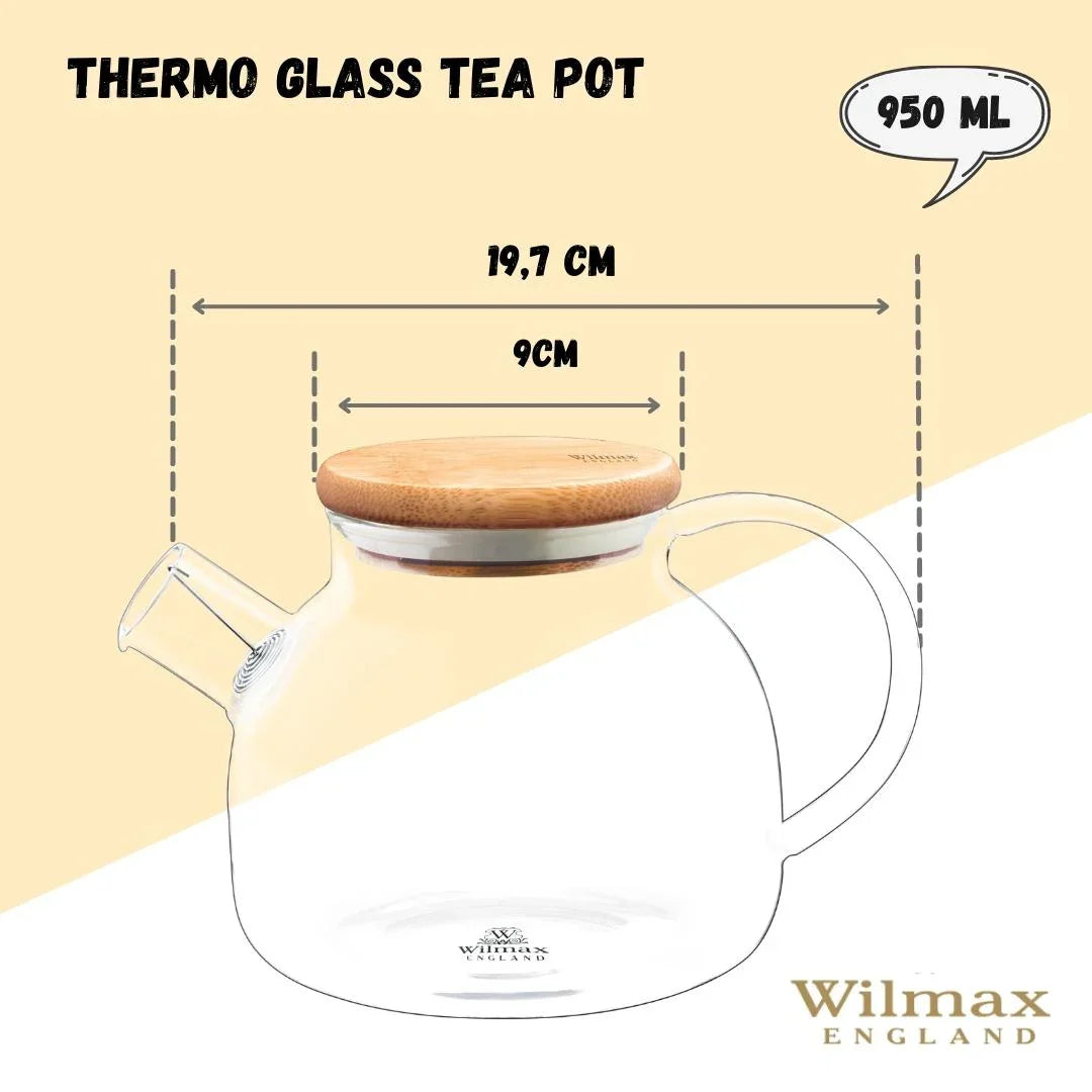 Wilmax England thermo glass tea pot with bamboo lid, 950ml capacity, 19.7cm width, 9cm opening