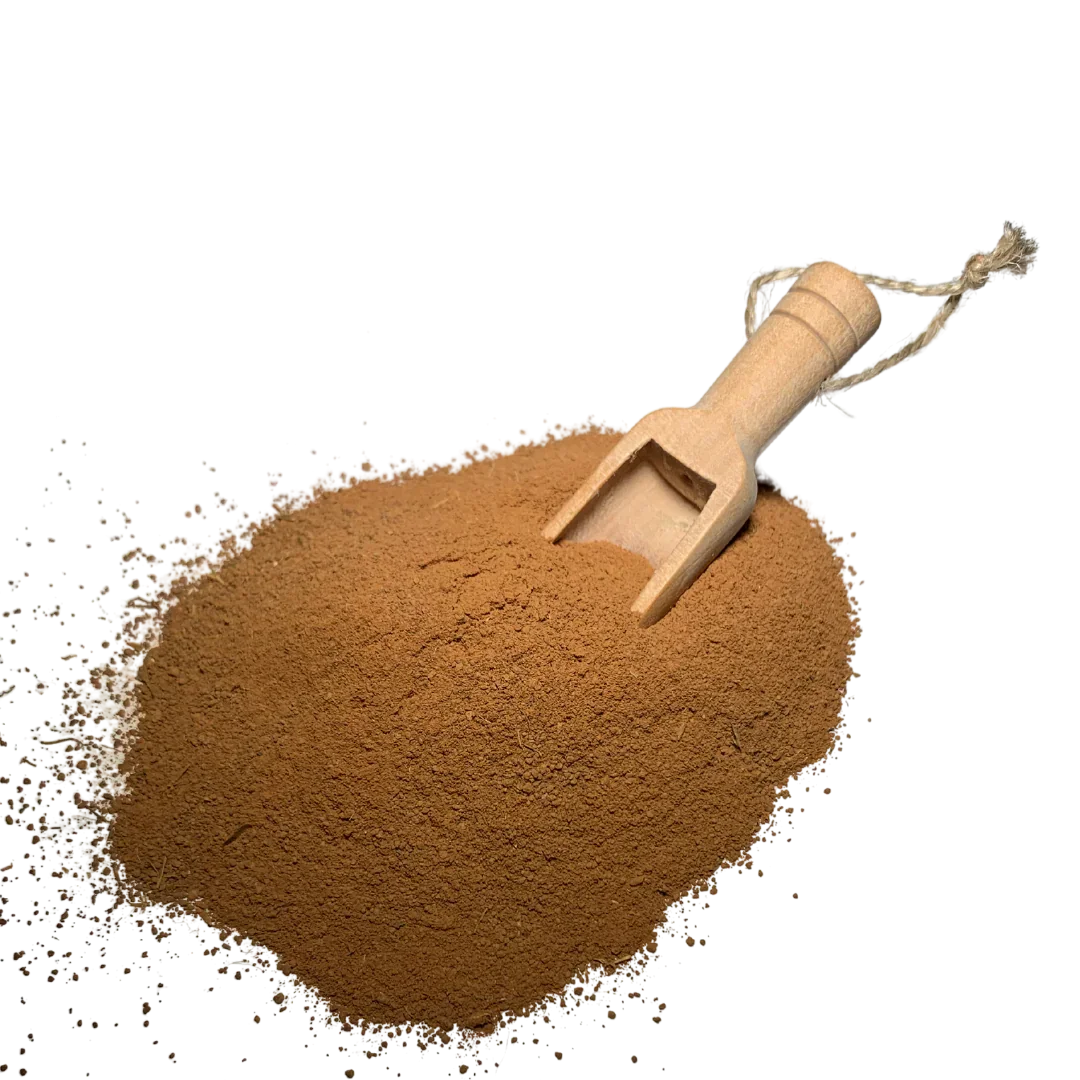 Pile of brown powder with eco-friendly wooden scoop, sustainable gift shop product