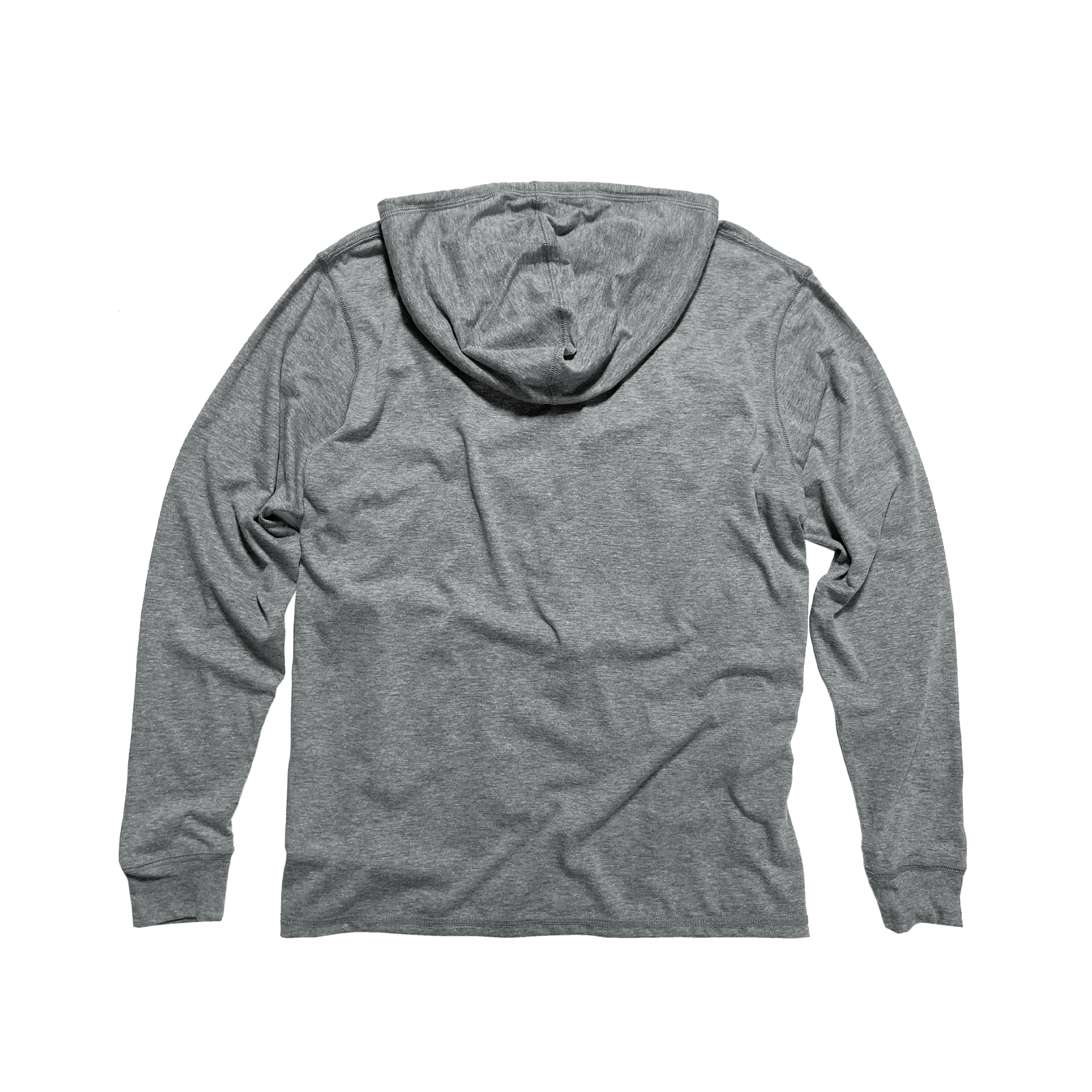 Back view of a heather grey hoodie, long sleeves, laid flat on white background, Qu!rk Boutique