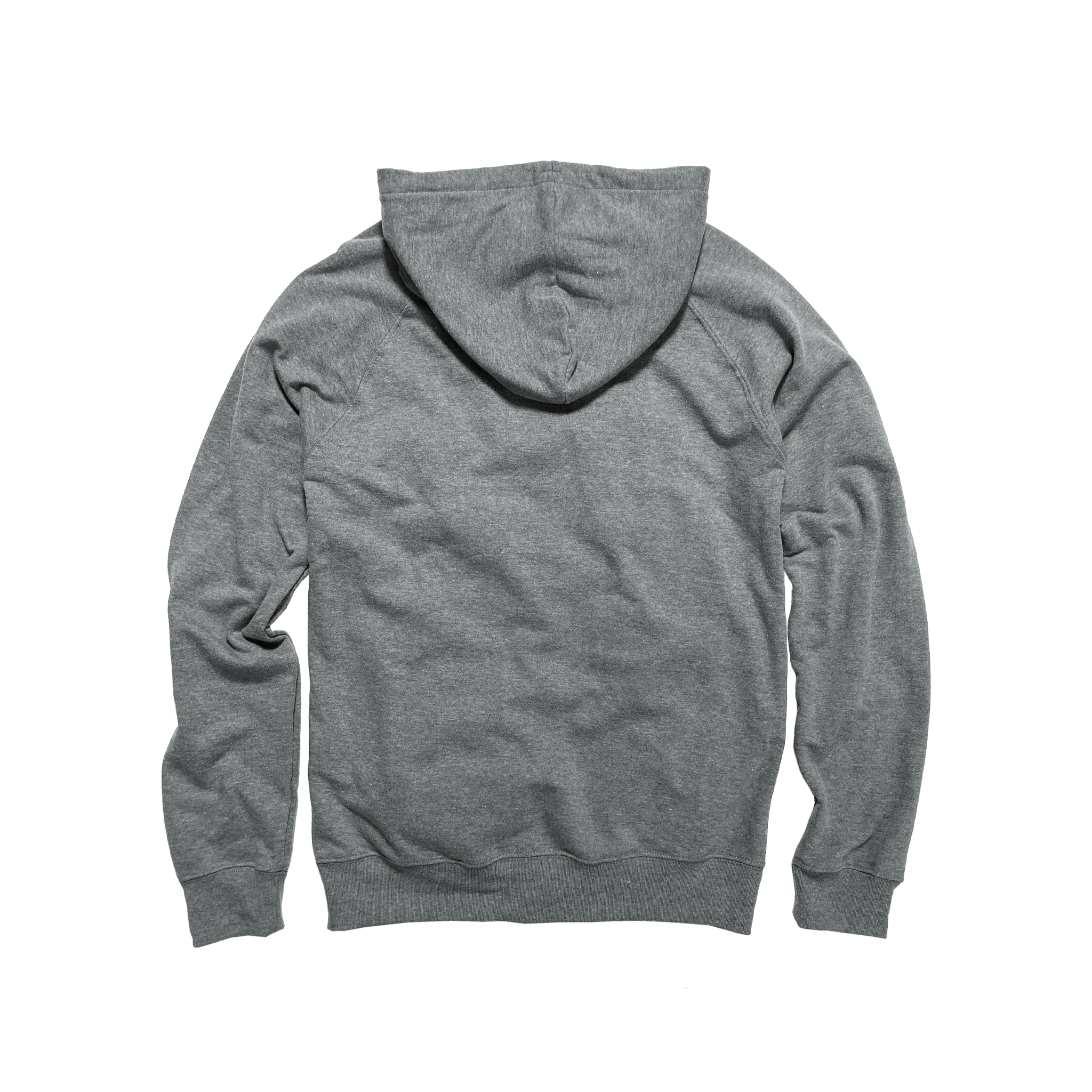 Back view of a heather grey hoodie, femme-fit style from Qu!rk Boutique, laid flat