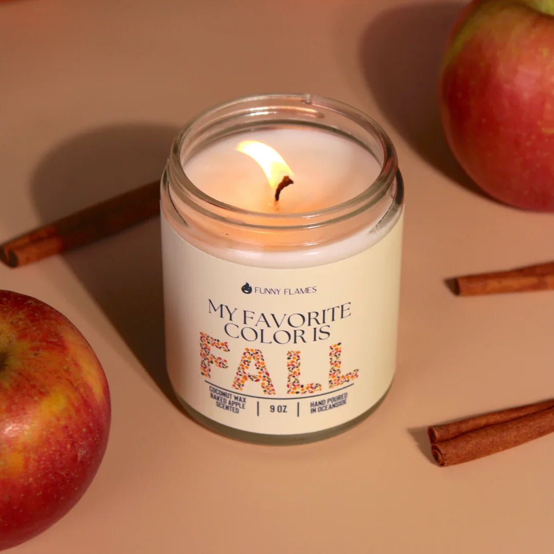 Lit Fall scented coconut wax candle by Funny Flames with apples and cinnamon sticks