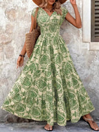 Full Size Printed V-Neck Tiered Maxi Dress Plus Size - Qu!rk Boutique