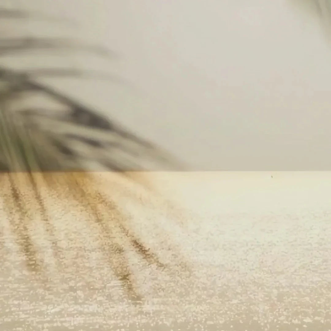 Palm leaf shadows on glittery gold surface, cosmic boutique vibe, Qu!rk artistic style