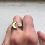 Moon Goddess Ring - Crescent Moon with Rainbow Moonstone - Qu!rk Boutique