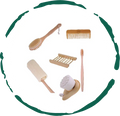 Set of wooden bath accessories including brush, comb, soap holder, sponge, toothbrush, and facial cleansing brush
