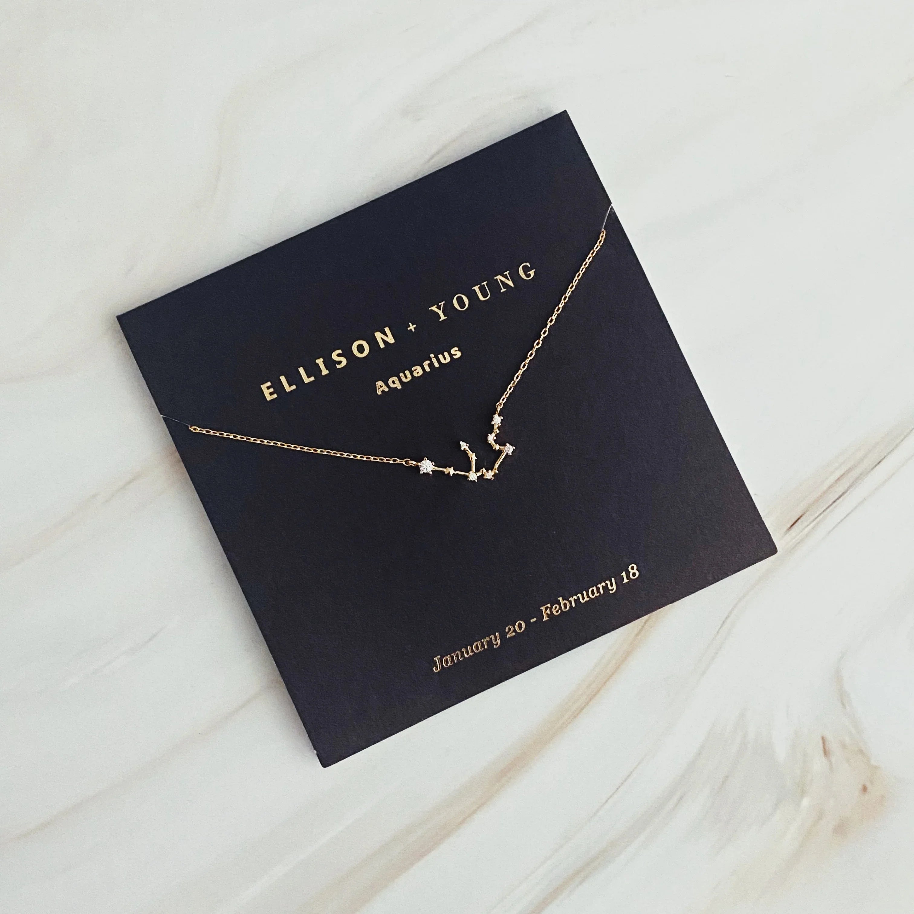 Gold Aquarius constellation necklace on black Ellison + Young card with zodiac dates