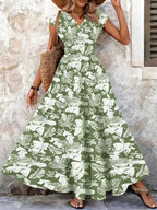 Full Size Printed V-Neck Tiered Maxi Dress Plus Size - Qu!rk Boutique