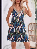 Tropical Leaf Print V-Neck Sleeveless Dress - Qu!rk Boutique