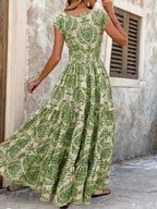 Full Size Printed V-Neck Tiered Maxi Dress Plus Size - Qu!rk Boutique