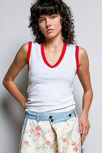 Retro Red & White Contrast Ribbed Sleeveless Tank - Qu!rk Boutique