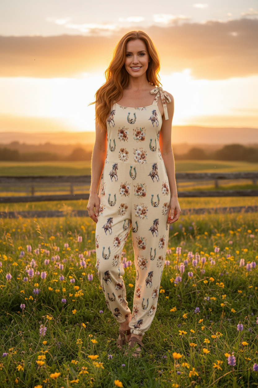 Baha Ranch Floral Horse Western Country Girl Overalls Jumpsuit