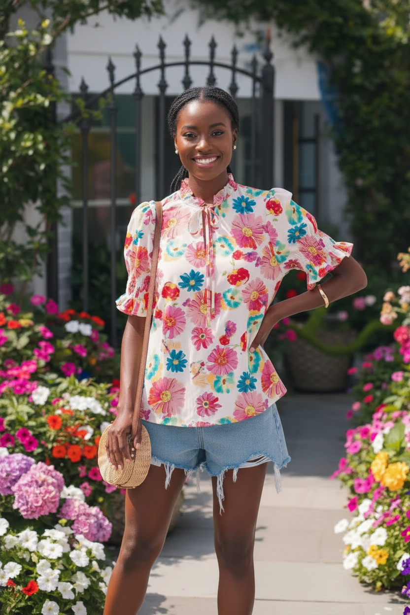 Floral Print Ruched Short Sleeve Blouse