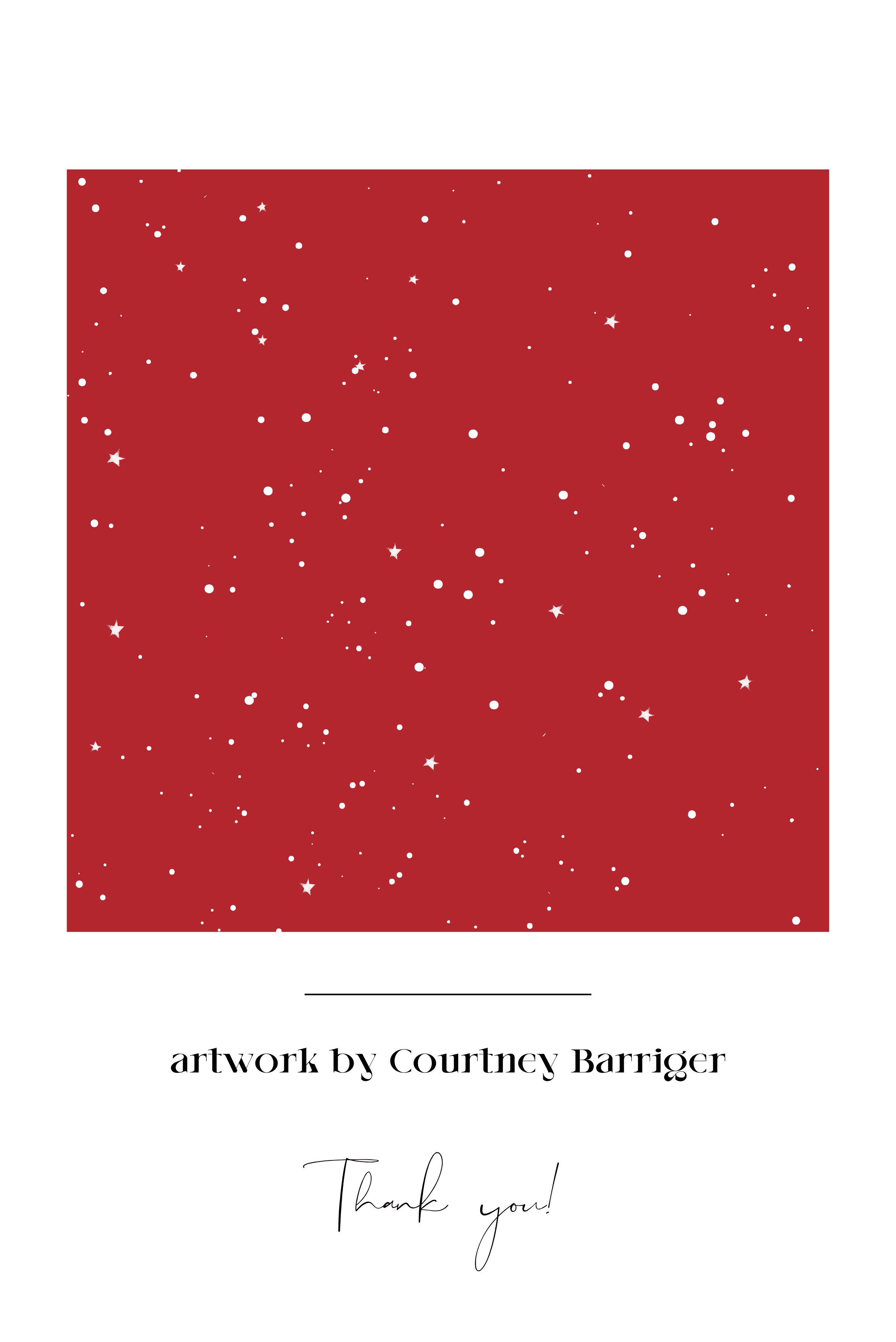 Red square with white stars and dots pattern, artwork by Courtney Barriger, thank you note