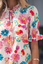 Floral Print Ruched Short Sleeve Blouse - Qu!rk Boutique