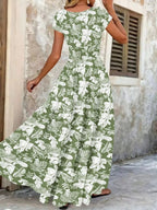 Full Size Printed V-Neck Tiered Maxi Dress Plus Size - Qu!rk Boutique