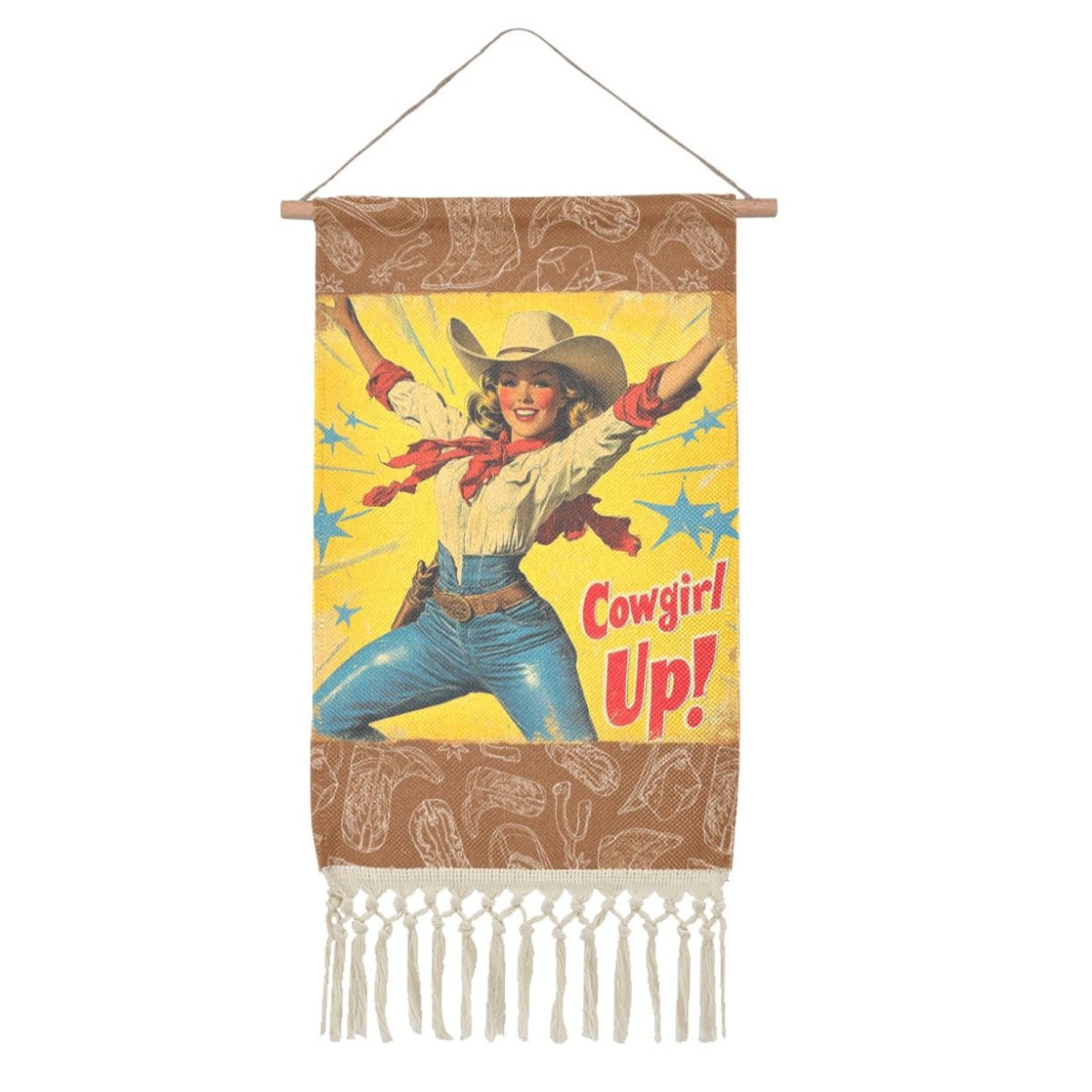 Cowgirl Up Vintage Western Wall Decor Linen Hanging Poster with Fringe Made in America - Qu!rk Boutique