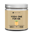 Funny Flames Yoda One For Me coconut wax candle with cute green alien design, 9 oz jar