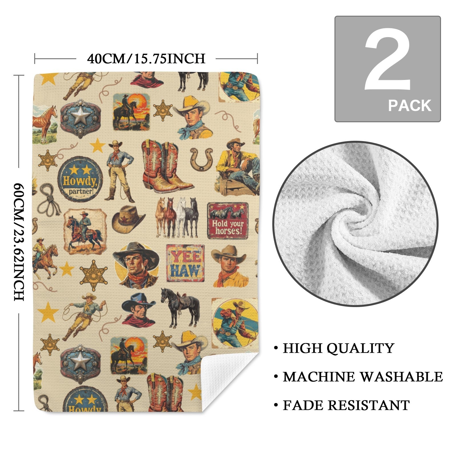 Vintage Cowboy Collage Set of 2 Dish Towels Made in America