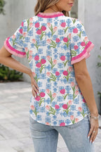 Floral Print Ruffle V-Neck Short Sleeve Loose Tunic Shirt - Qu!rk Boutique
