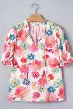 Floral Print Ruched Short Sleeve Blouse - Qu!rk Boutique
