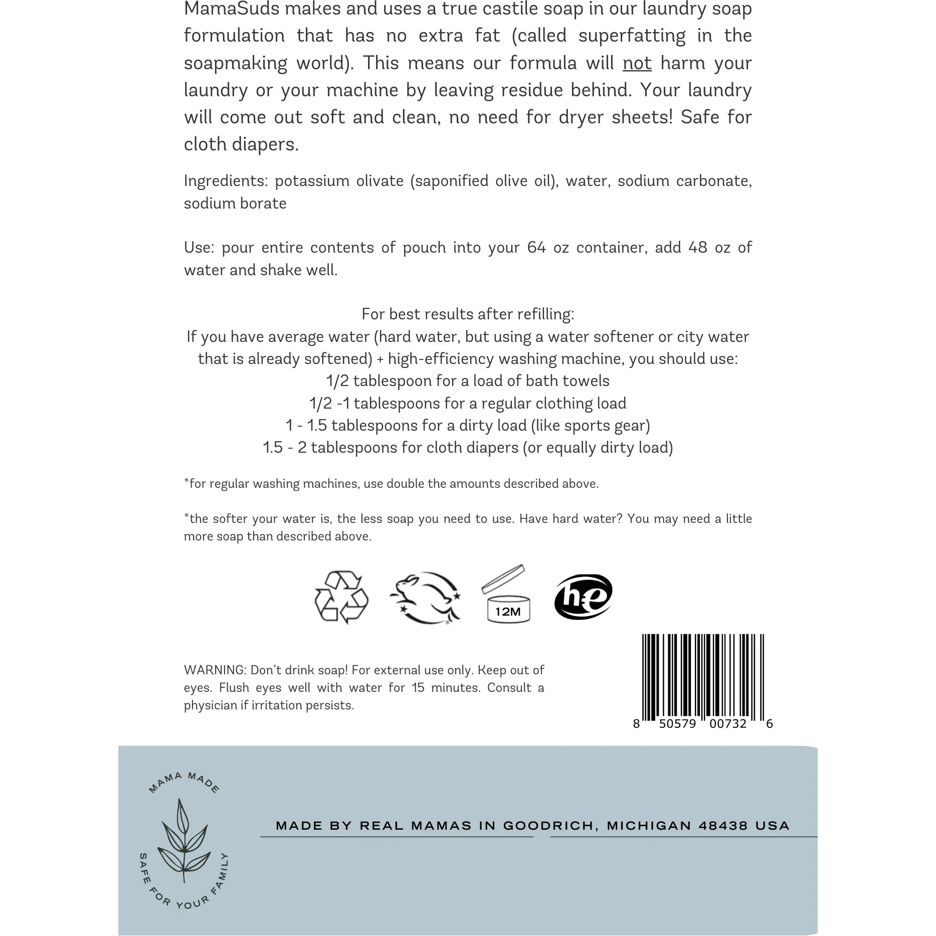 MamaSuds laundry soap refill pouch instructions, eco-friendly and safe for cloth diapers