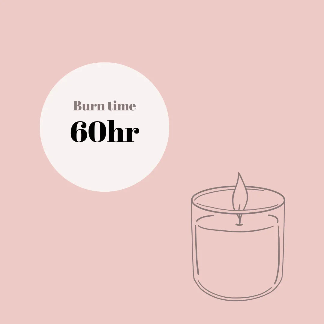 Minimalist pink graphic showing candle illustration and 'Burn time 60hr' for Qu!rk Boutique.