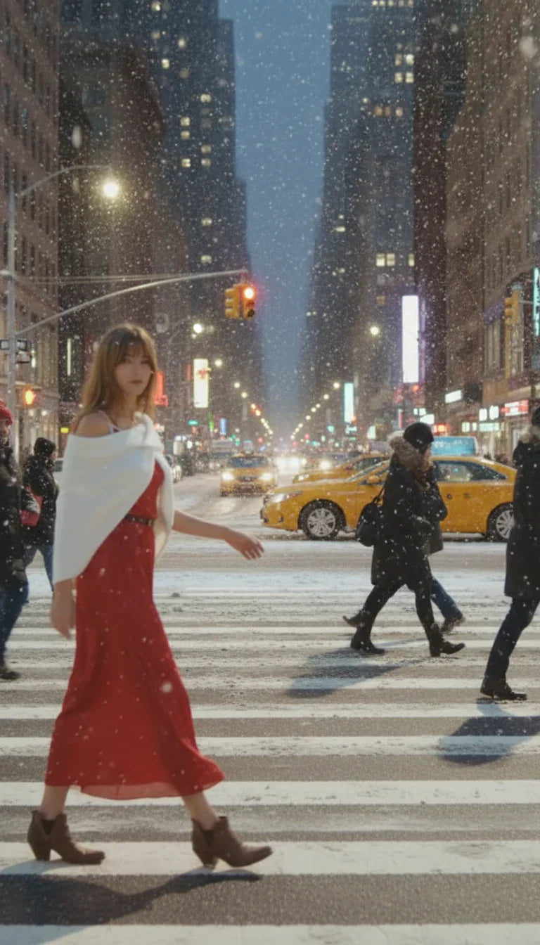 Woman in red dress and white shawl walking on a snowy city crosswalk with yellow taxis