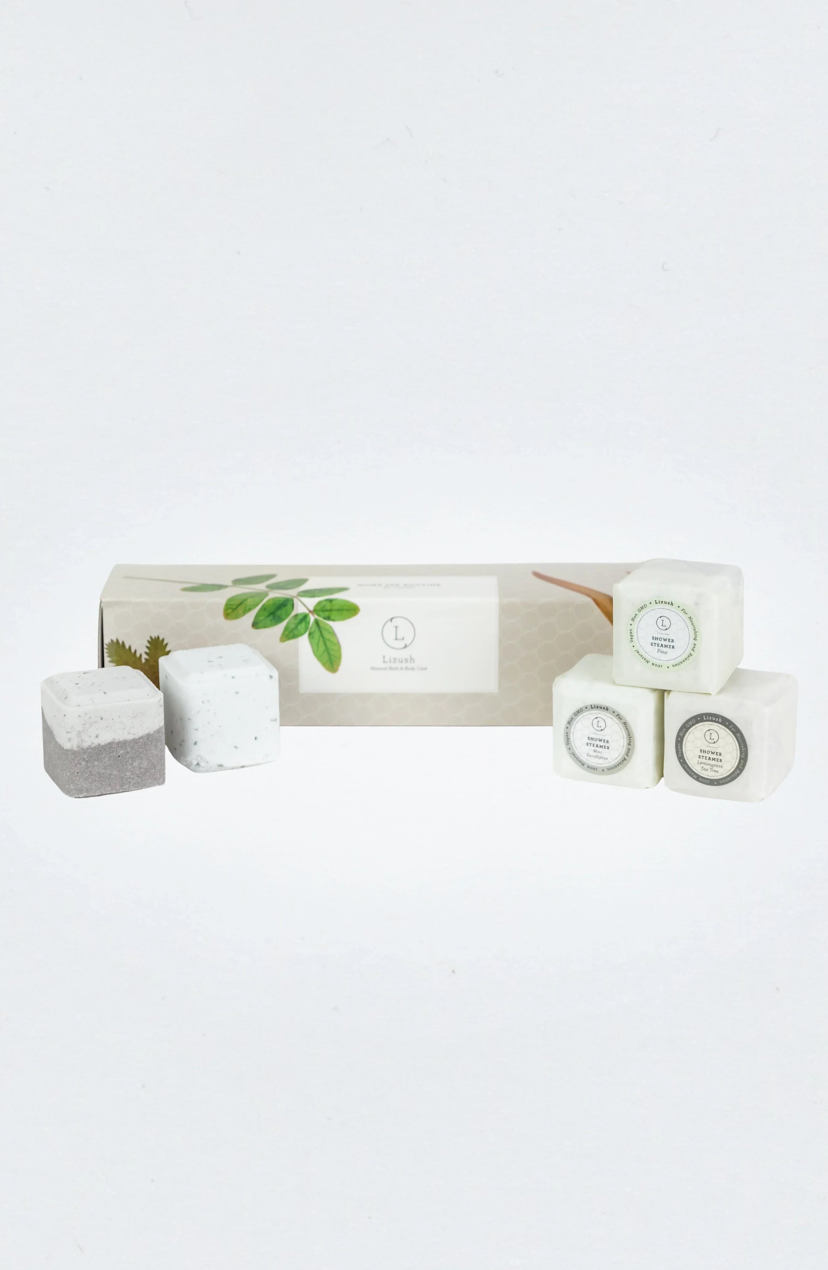 Lizush shower steamer cubes in natural scents with minimalist packaging on white background