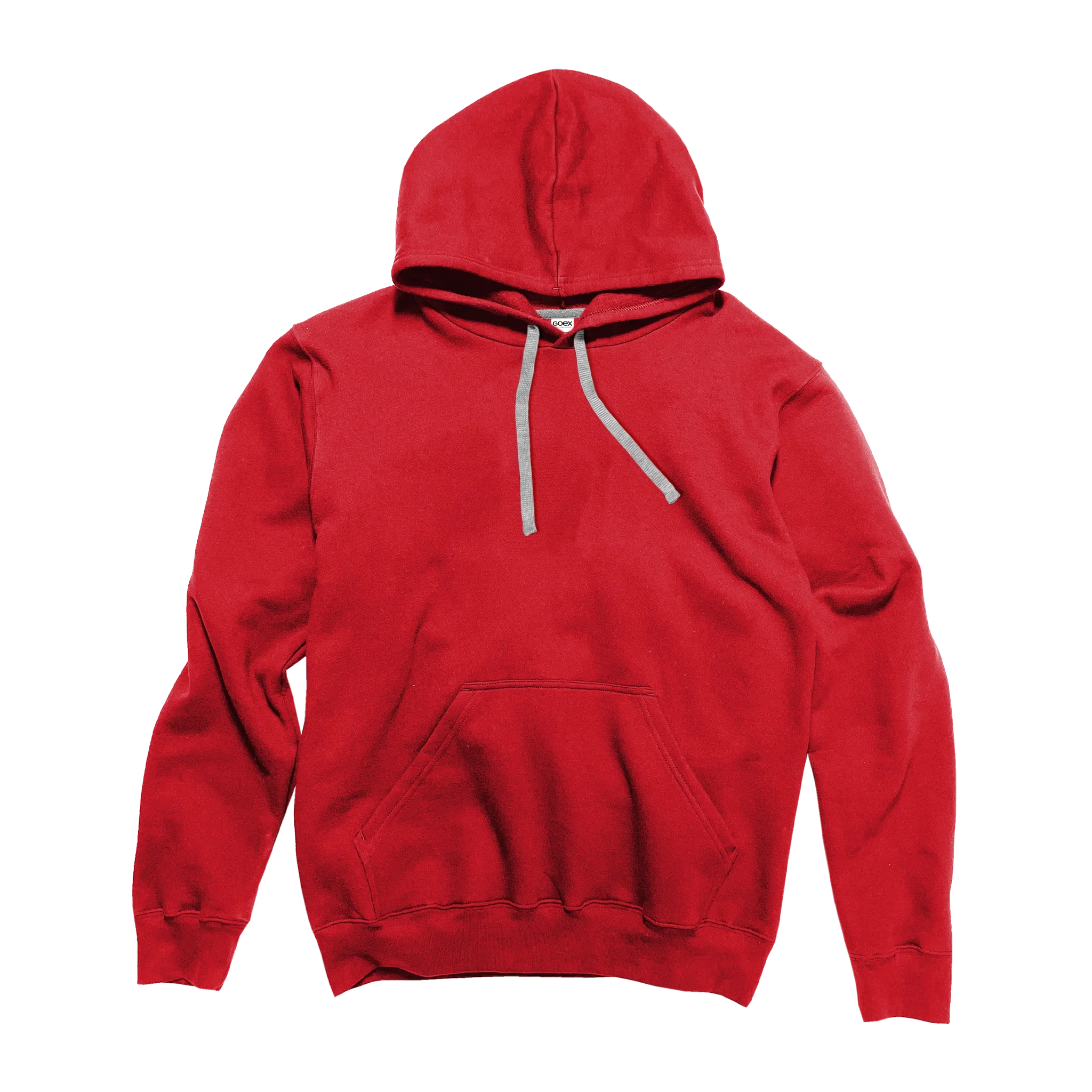 Bright red hoodie with gray drawstrings and front pocket, Qu!rk Boutique femme-fit apparel