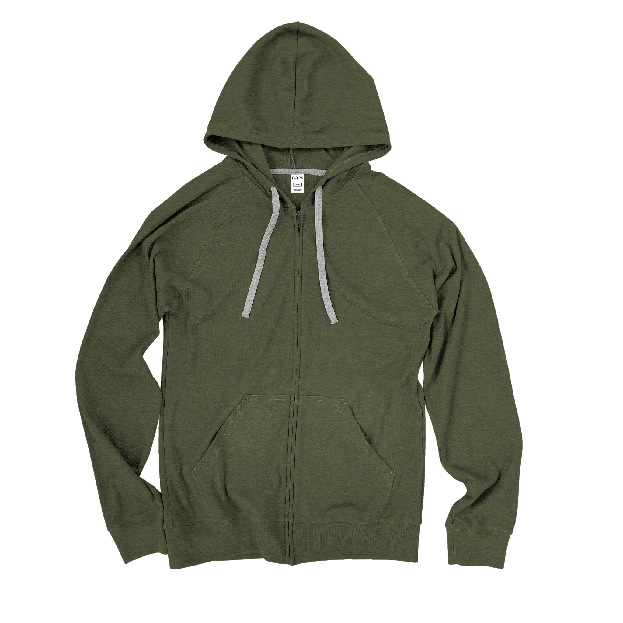 Olive green zip-up hoodie with gray drawstrings, front view, femme-fit, Qu!rk Boutique