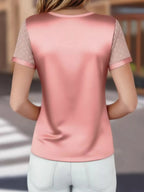 Satin V-Neck Sheer Short Sleeve Top - Qu!rk Boutique