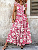 Full Size Printed V-Neck Tiered Maxi Dress Plus Size - Qu!rk Boutique