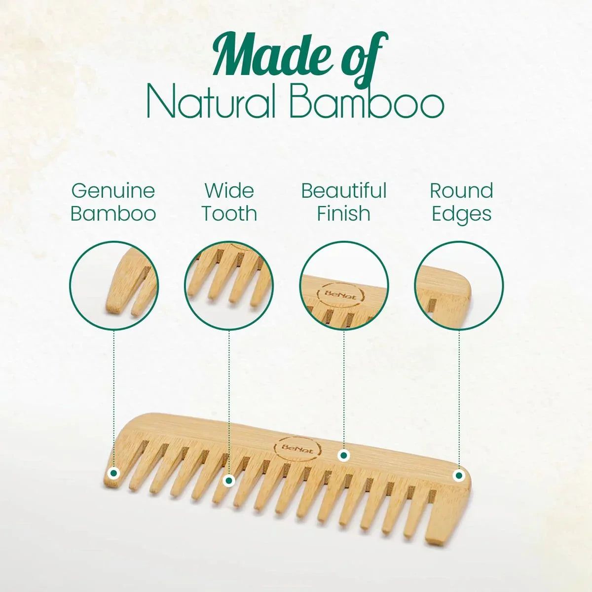 Natural bamboo wide tooth comb with genuine bamboo, beautiful finish, and rounded edges