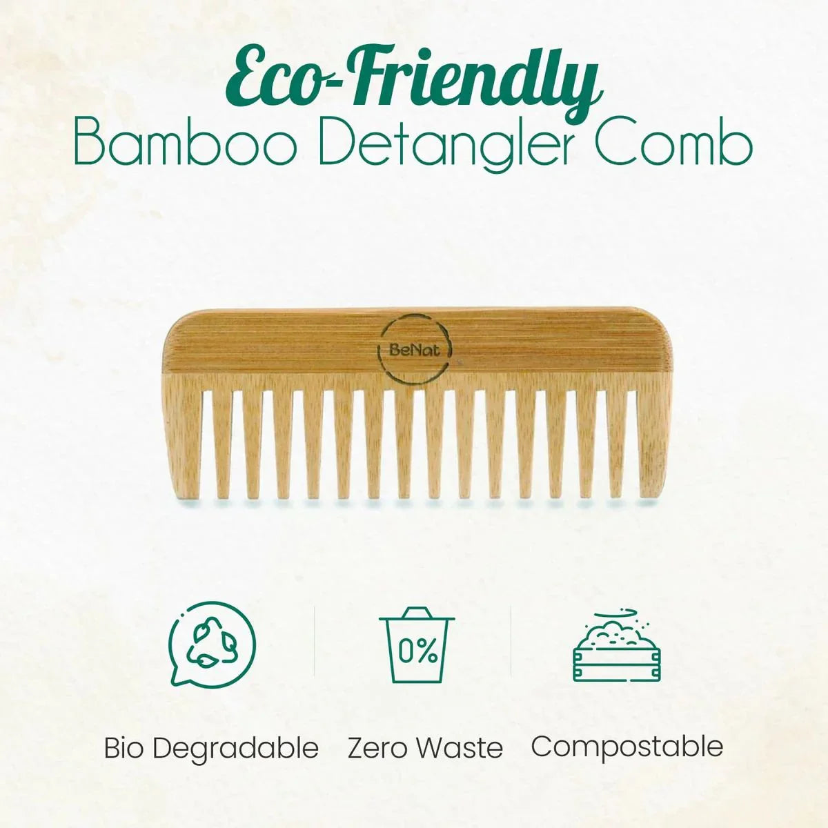 Eco-friendly bamboo detangler comb labeled BeNat with biodegradable, zero waste, compostable icons