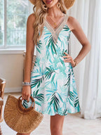 Tropical Leaf Print V-Neck Sleeveless Dress - Qu!rk Boutique